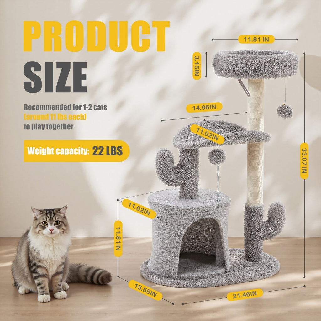 Small Cat Cactus Style Tower Scratching Post With Curved Bed