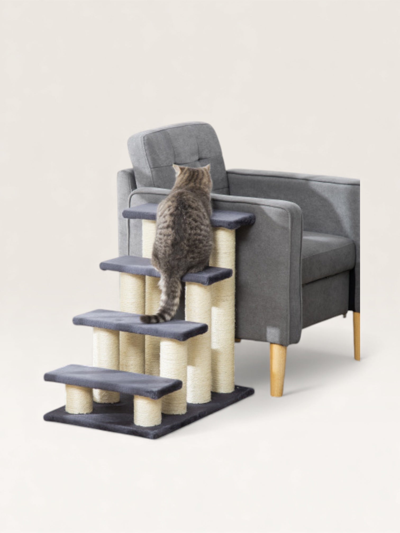 Cat Tree with 4 Step Stair Design for High Beds and Couches, with Sisal Scratching Posts – Gray